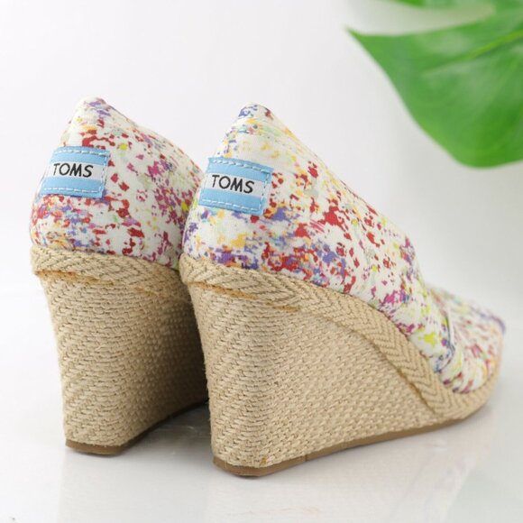 TOMS Womens Bernardo Pump Size 9 White Red Splash Canvas Open Toe Wedge Heel - Picture 6 of 12